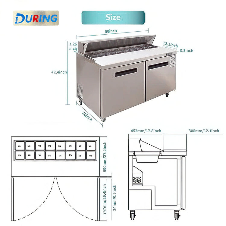 Stainless steel refrigerator with dimensions and features labeled, brand 'DURING' visible.