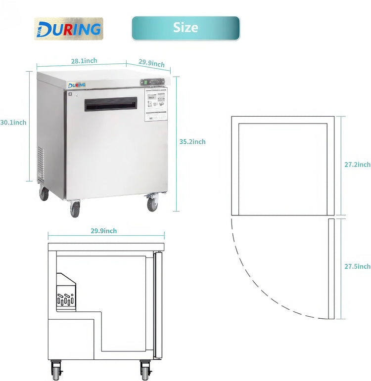 Measurement chart of a Durian refrigerator with dimensions labeled.