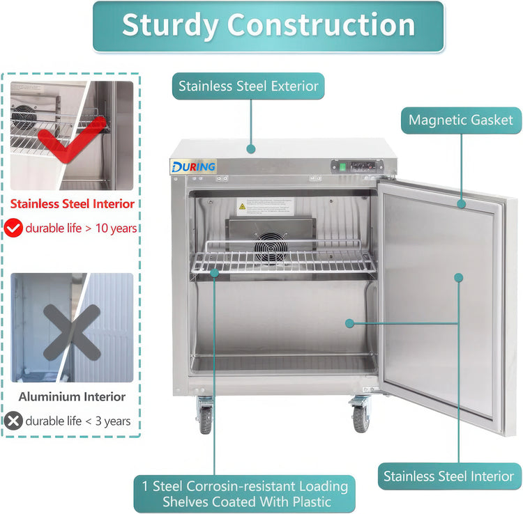 Stainless steel refrigerator with highlighted features on a white background