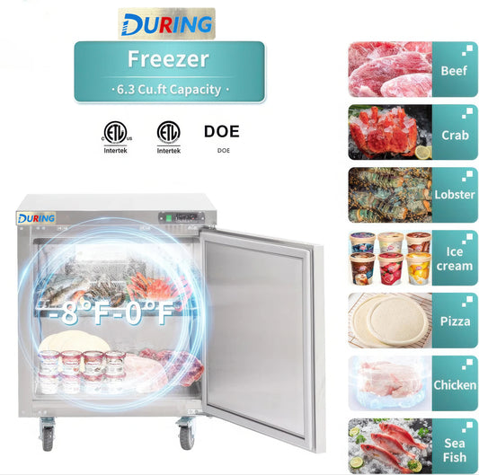 DURING freezer with open door showing food items and certifications on a white background