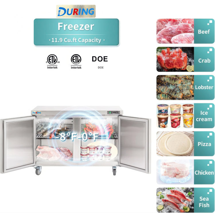 Freezer with open doors displaying various frozen foods and certifications on a white background.