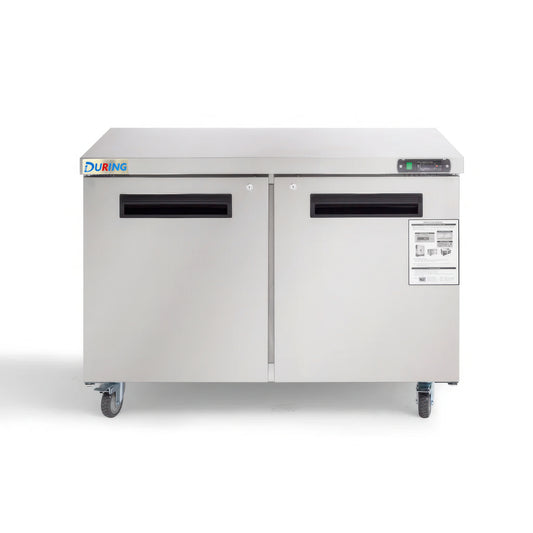 Stainless steel freezer with DURING logo on a white background