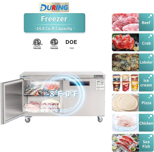 Freezer with open door showing food items and brand logo on a white background