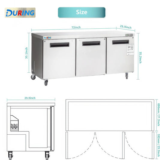 Stainless steel refrigerator with dimensions labeled, featuring the DURING brand.