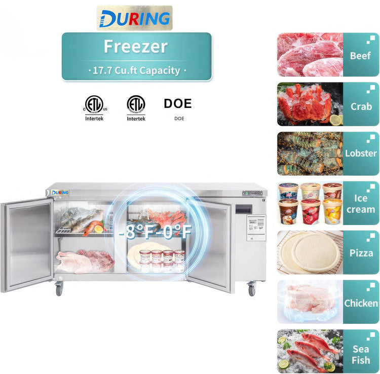 During freezer with open door showing food items and capacity details.