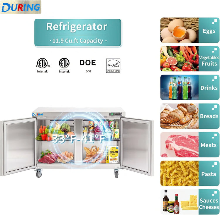 Refrigerator with open doors displaying various food items and certifications on a white background.