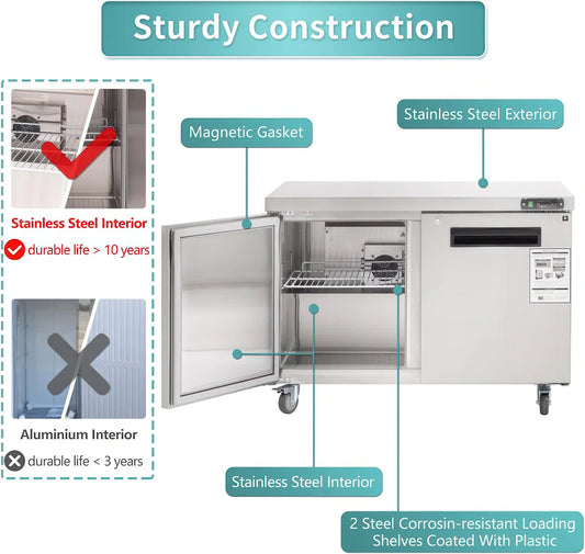 Stainless steel refrigerator with features highlighted, including a magnetic gasket and stainless steel interior.