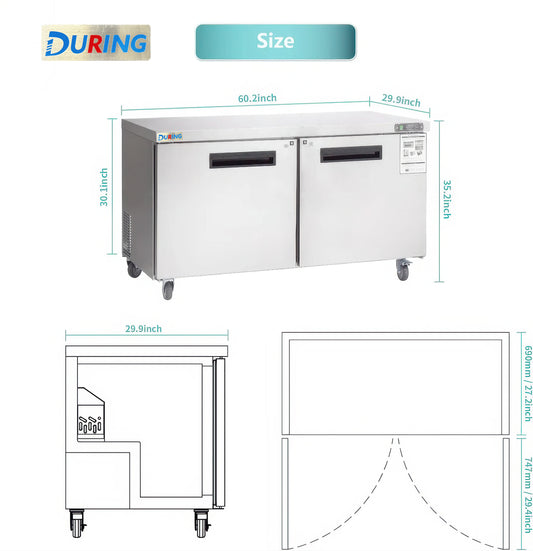Stainless steel refrigerator with dimensions labeled, featuring the DURING brand.