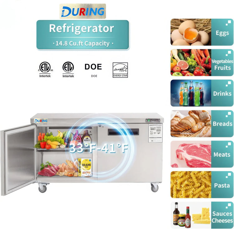 Refrigerator with food items and DURING logo on a white background