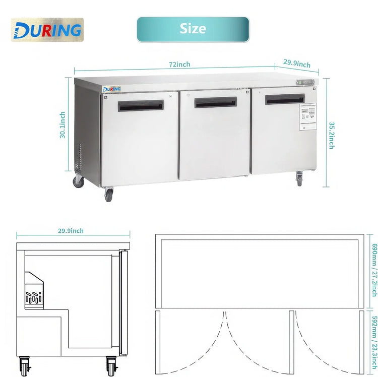 Stainless steel refrigerator with dimensions labeled, featuring the DURING brand.