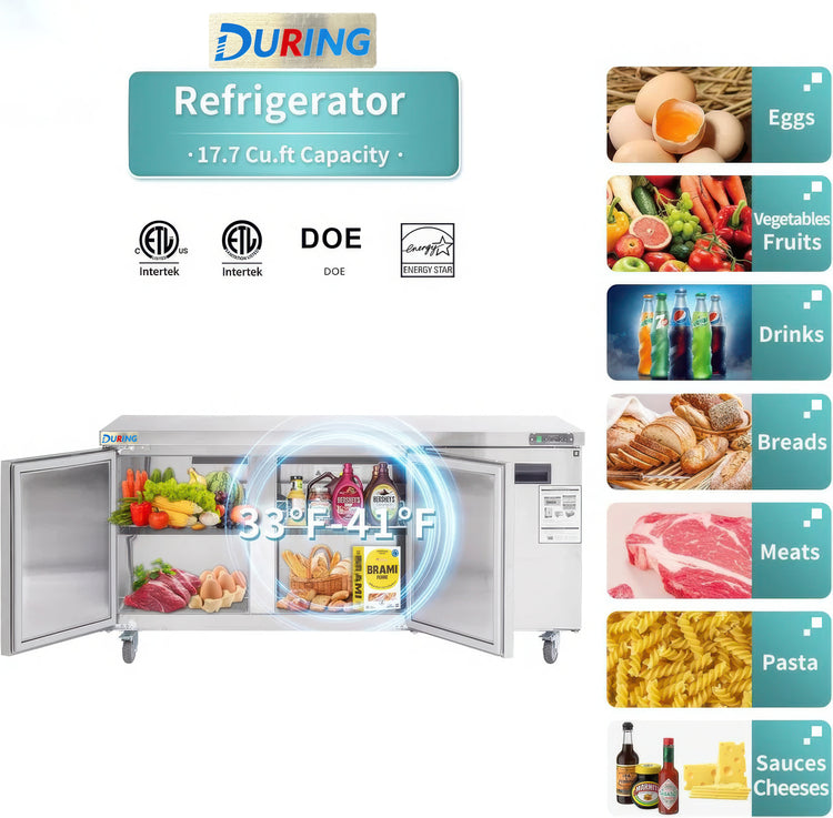 Refrigerator with food items and certification logos on a white background