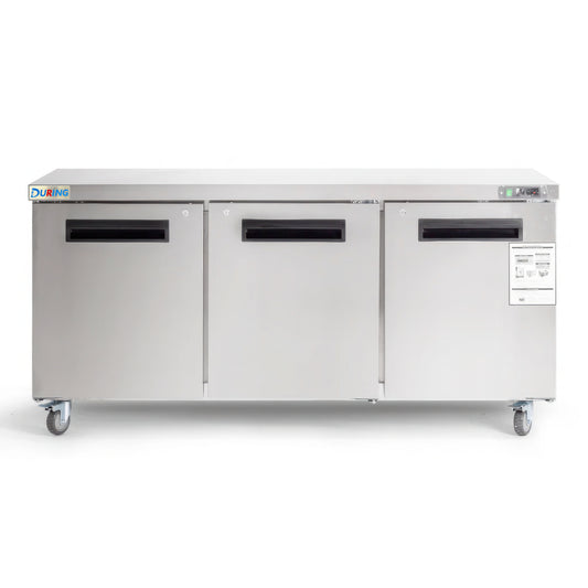 Stainless steel refrigerator with three doors on a white background