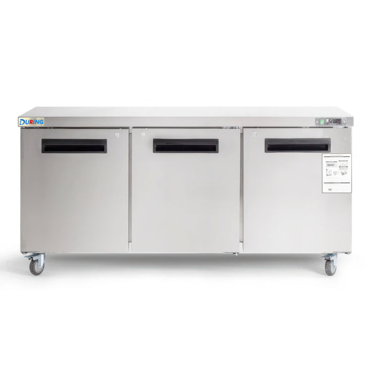 Stainless steel refrigerator with three doors on a white background