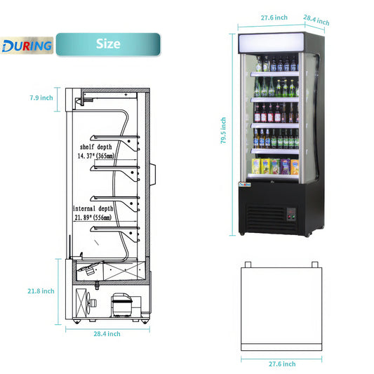 Vending machine with dimensions and layout diagram on a white background