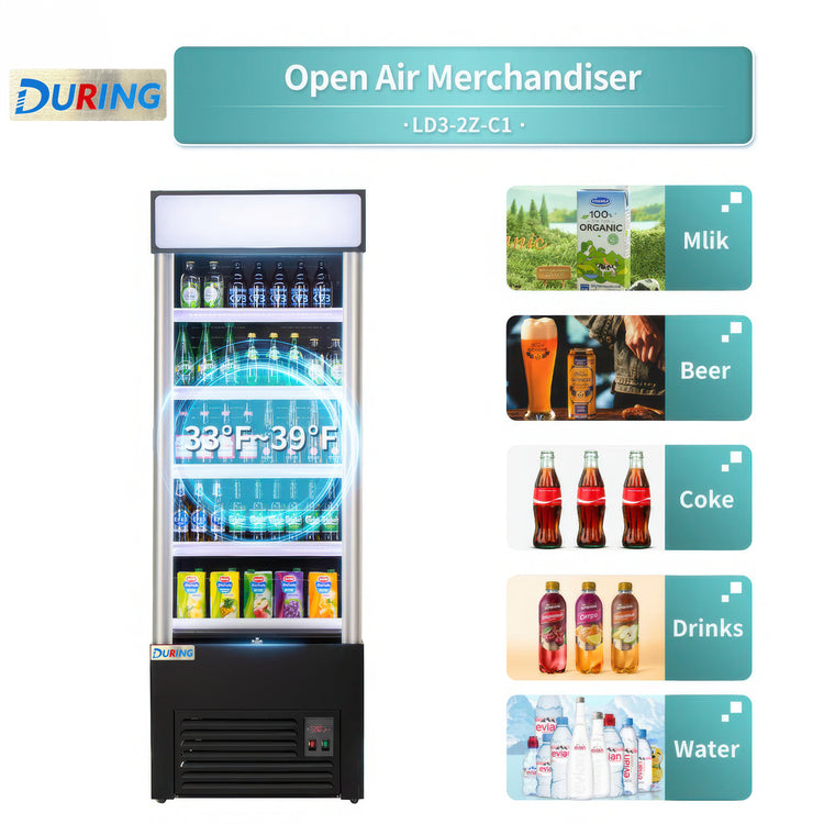 Open air merchandiser with brand logo and temperature display, surrounded by images of drinks.
