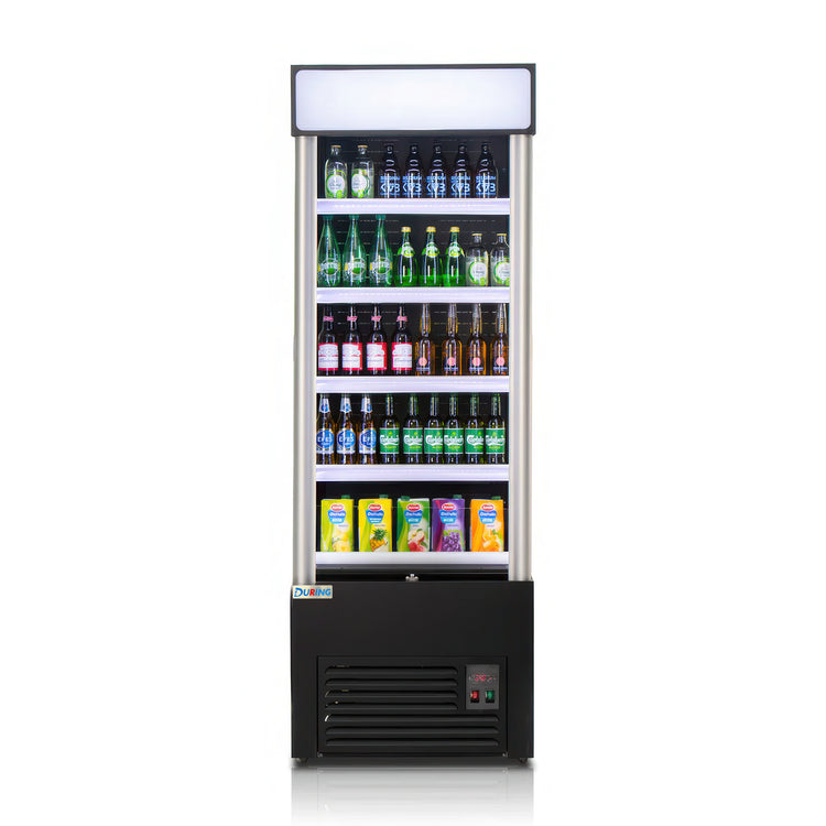 Fridge with drinks on a white background