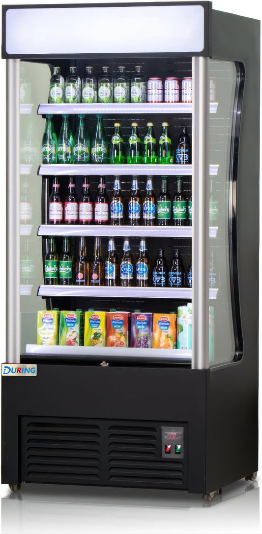 Vending machine stocked with various drinks on a white background