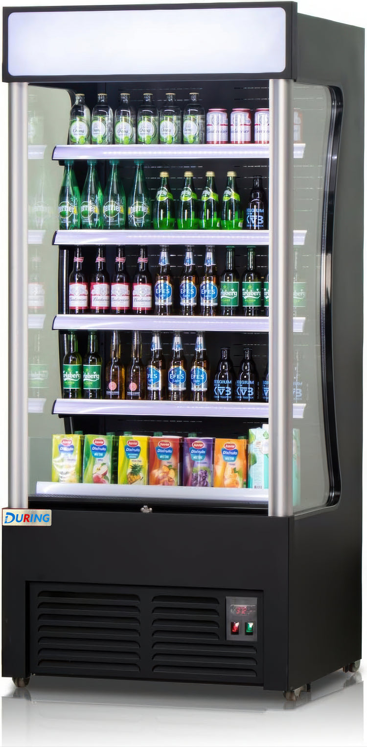 Vending machine stocked with various drinks on a white background