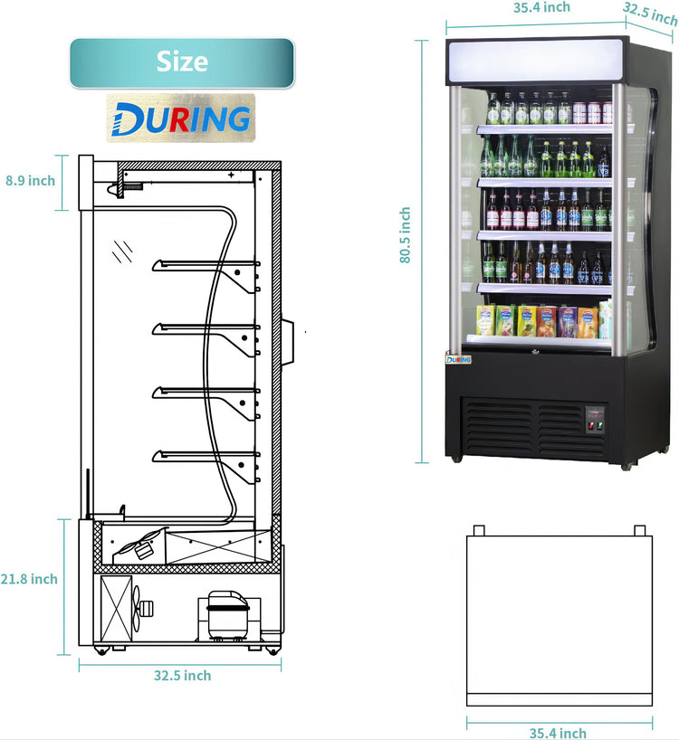 Vending machine with dimensions and 'DURING' branding