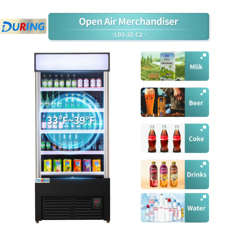 Open air merchandiser with product categories displayed on a white background