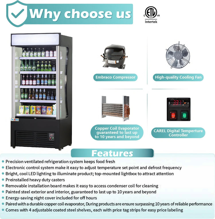 Display of a commercial refrigerator with features highlighted, including Embraco compressor and CAREL digital temperature controller, on a white background.