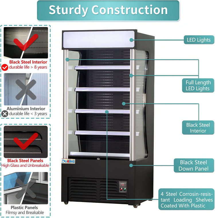 Commercial refrigerator with features highlighted, including black steel interior and panels.