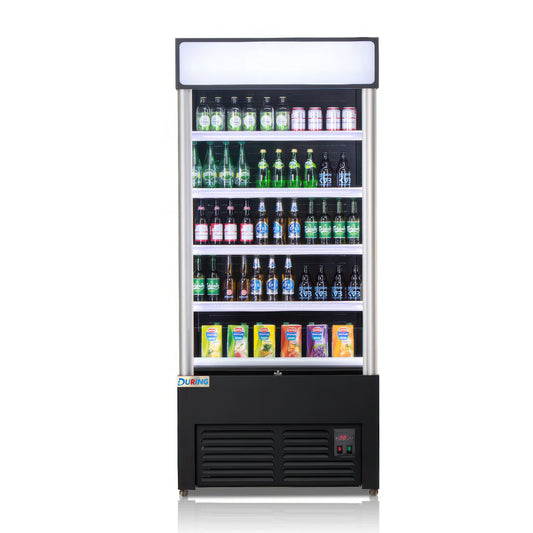 Vending machine filled with various drinks on a white background