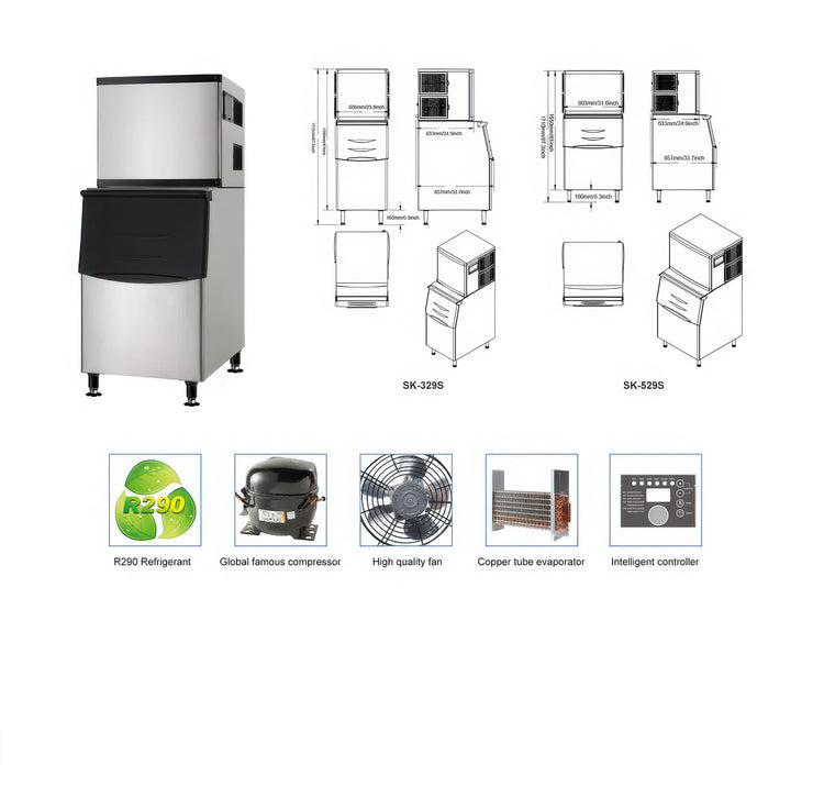 Ice machine with technical drawings and features on a white background