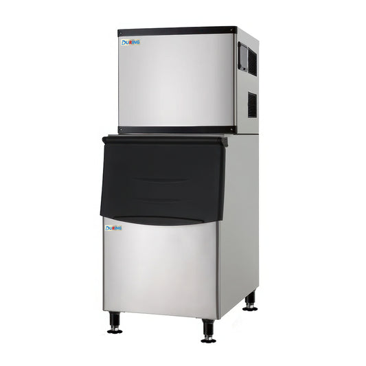 Commercial ice machine with black top cover on a white background