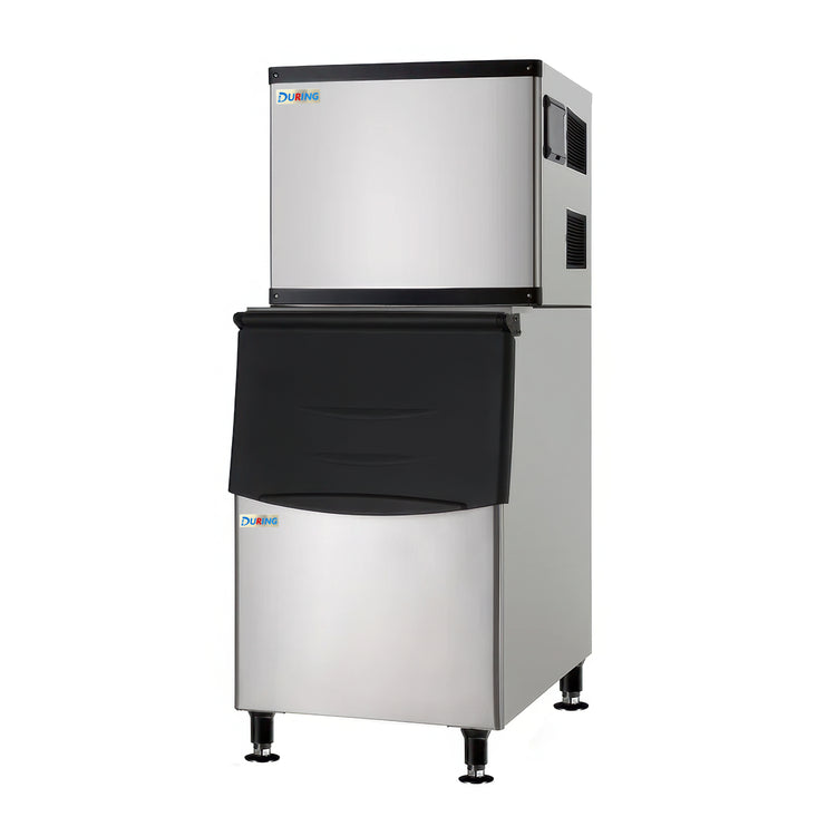 Commercial ice machine with black top cover on a white background