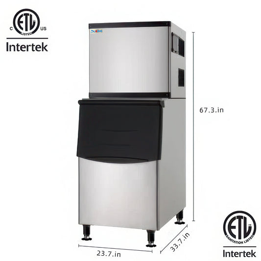 Commercial ice machine with Intertek certification logos on a white background