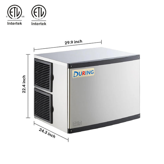Ice machine with dimensions labeled on a white background, featuring Intertek certification logos.