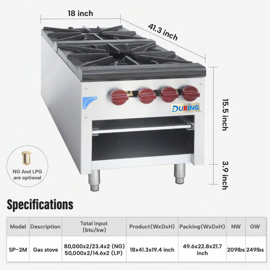 Gas stove with dimensions and specifications displayed