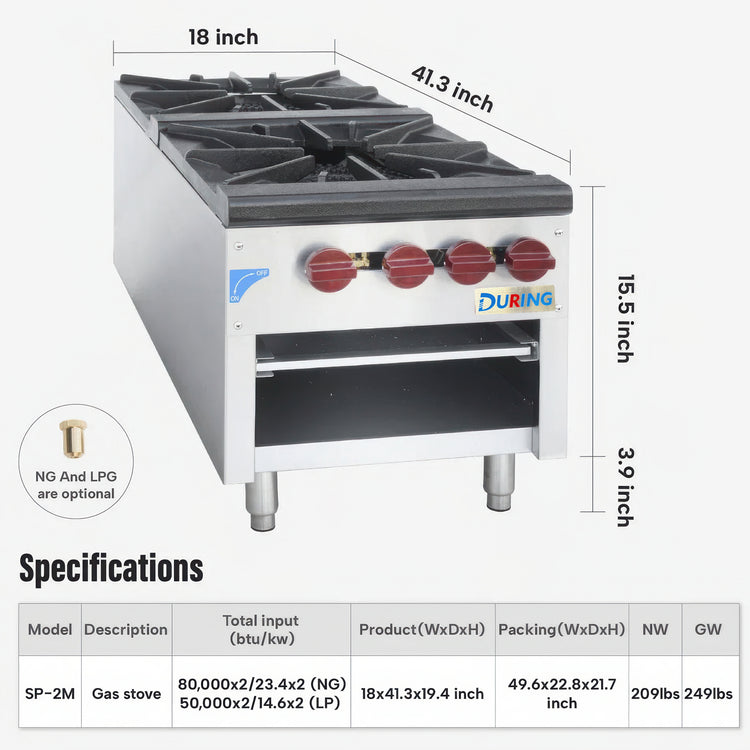 Gas stove with dimensions and specifications displayed
