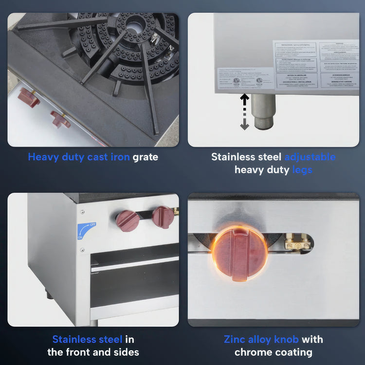 Collage of a stove with features highlighted, including a cast iron grate, adjustable legs, stainless steel construction, and a zinc alloy knob.