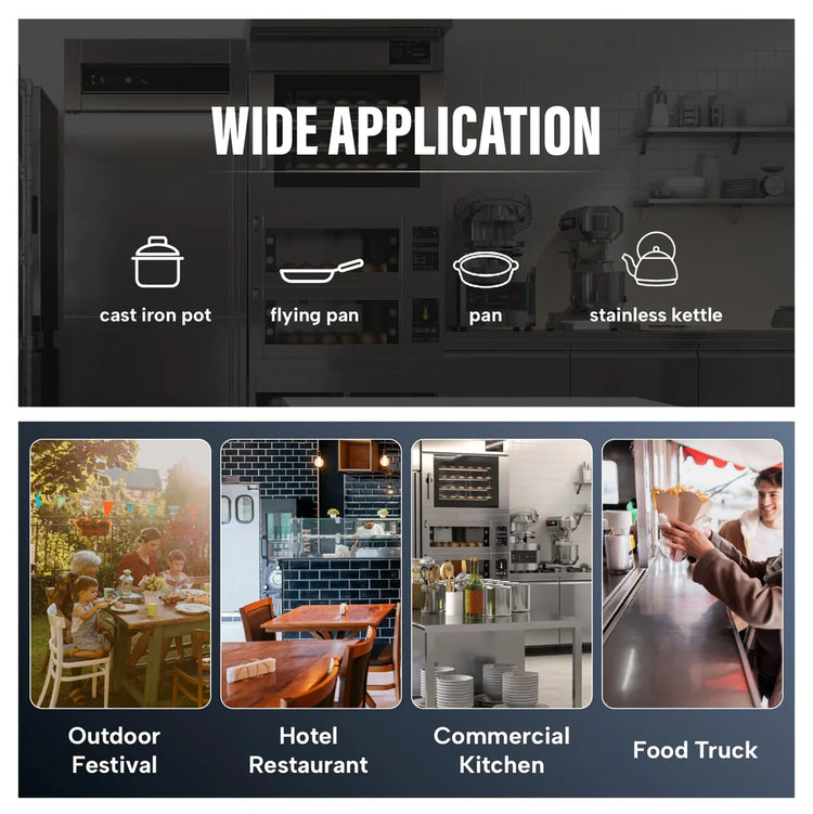 Product application across different settings including outdoor festival, hotel restaurant, commercial kitchen, and food truck.