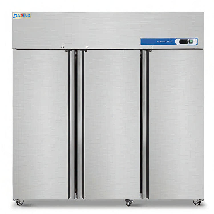 Stainless steel commercial refrigerator with digital display on a white background