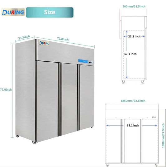 Stainless steel refrigerator with dimensions labeled on a white background