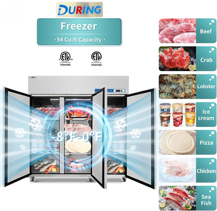 Large freezer with open doors displaying various food items, featuring the DURING brand.