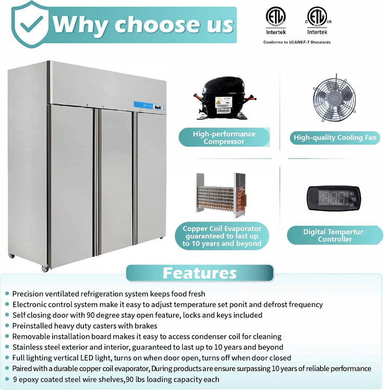 Stainless steel commercial refrigerator with features listed on a white background