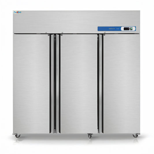 Stainless steel commercial refrigerator with digital display on a white background