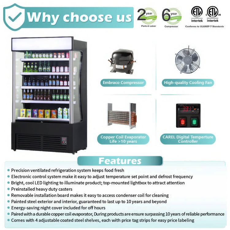 Refrigerated display case with features highlighted on a white background