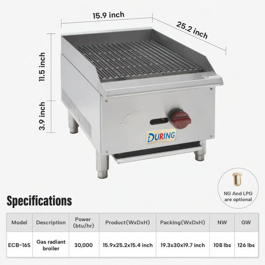 Gas radiant broiler with dimensions and specifications on a white background