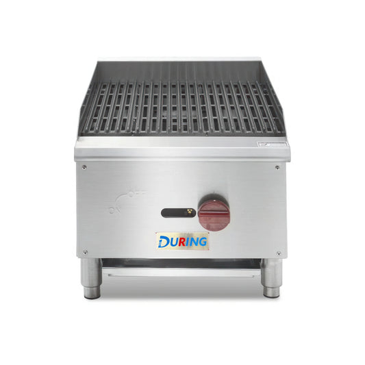 Stainless steel griddle with 'DURING' branding on a white background