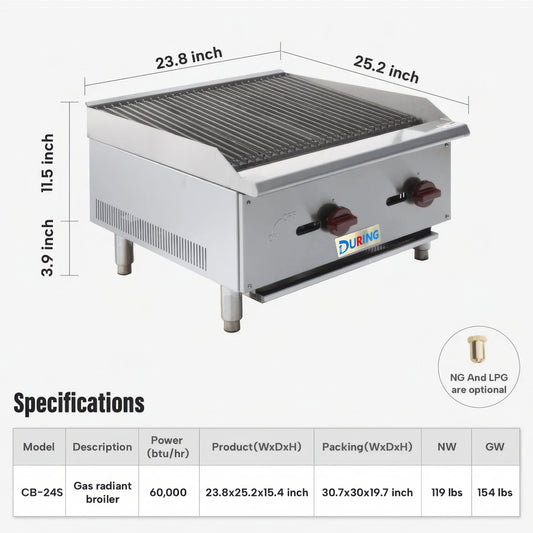 Gas radiant broiler with dimensions and specifications on a white background