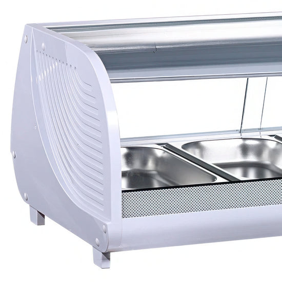 Display case with metal interior and white exterior on a white background