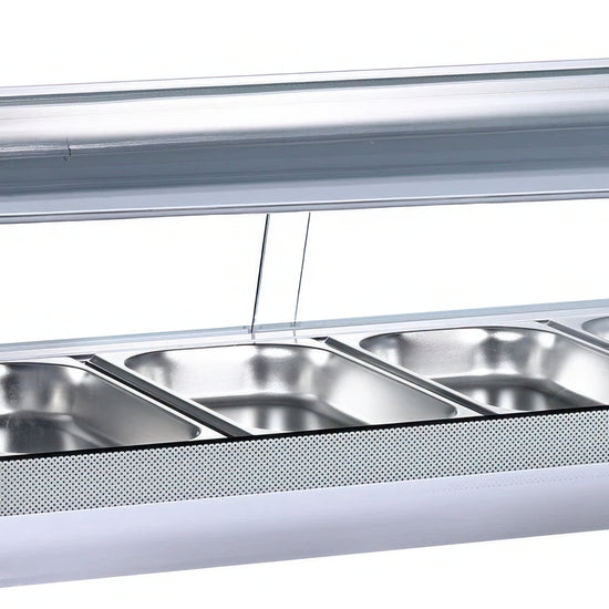 Stainless steel food display case with glass door on a white background