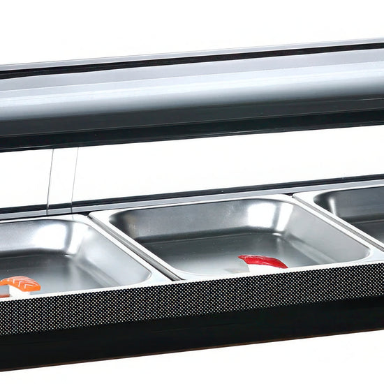 Metal food display case with glass cover on a white background