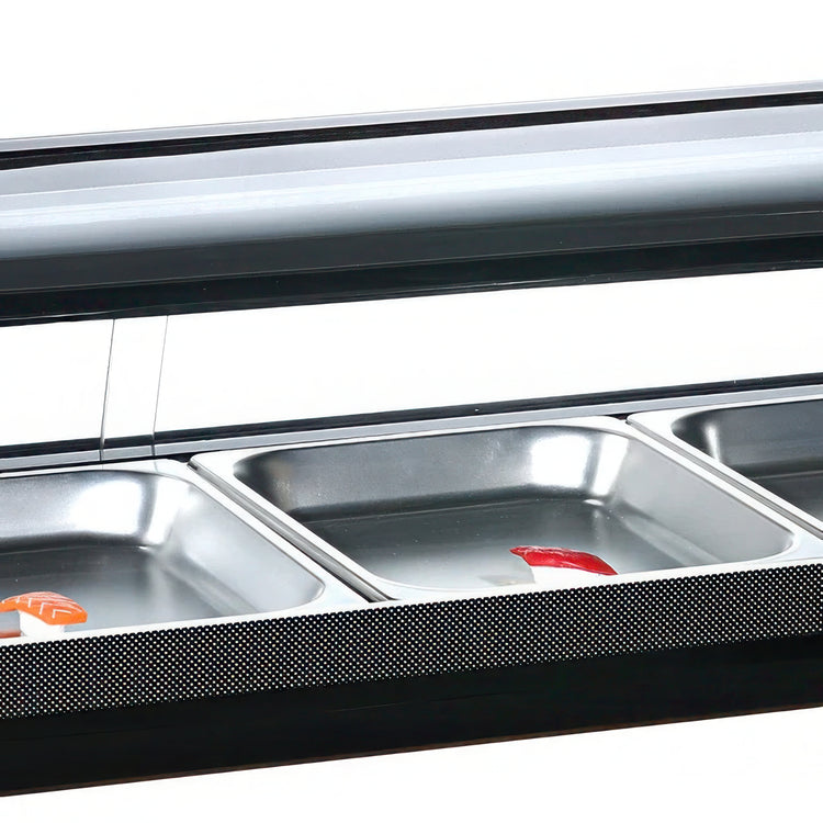 Metal food display case with glass cover on a white background