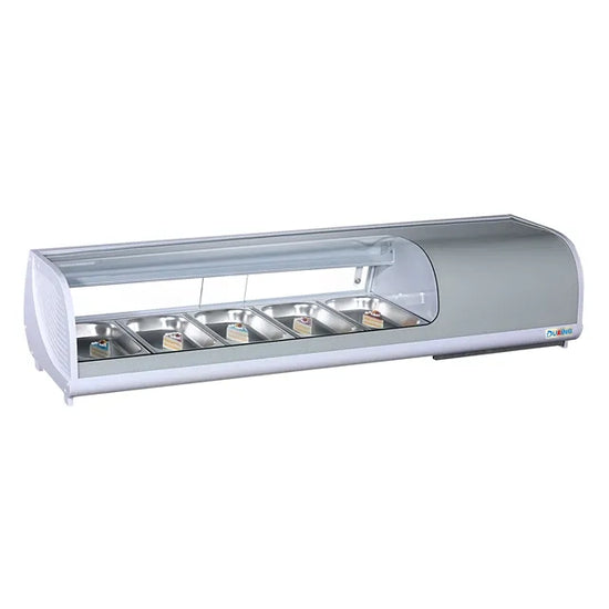 Cold display case with glass front on a white background
